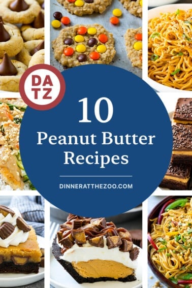 A group of sweet and savory peanut butter recipes including peanut butter blossoms and Thai peanut noodles.
