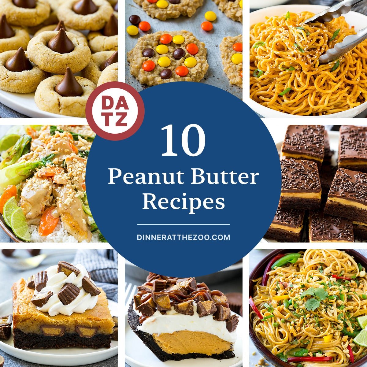 A group of sweet and savory peanut butter recipes including peanut butter blossoms and Thai peanut noodles.