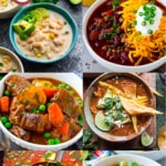 A group of hearty slow cooker soup recipes like chicken tortilla soup, lemon chicken orzo soup and white chicken chili.