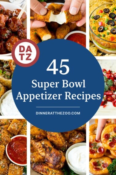 Several pictures of Super Bowl appetizer recipes including 7 layer dip, baked chicken wings and Philly cheesesteak egg rolls.