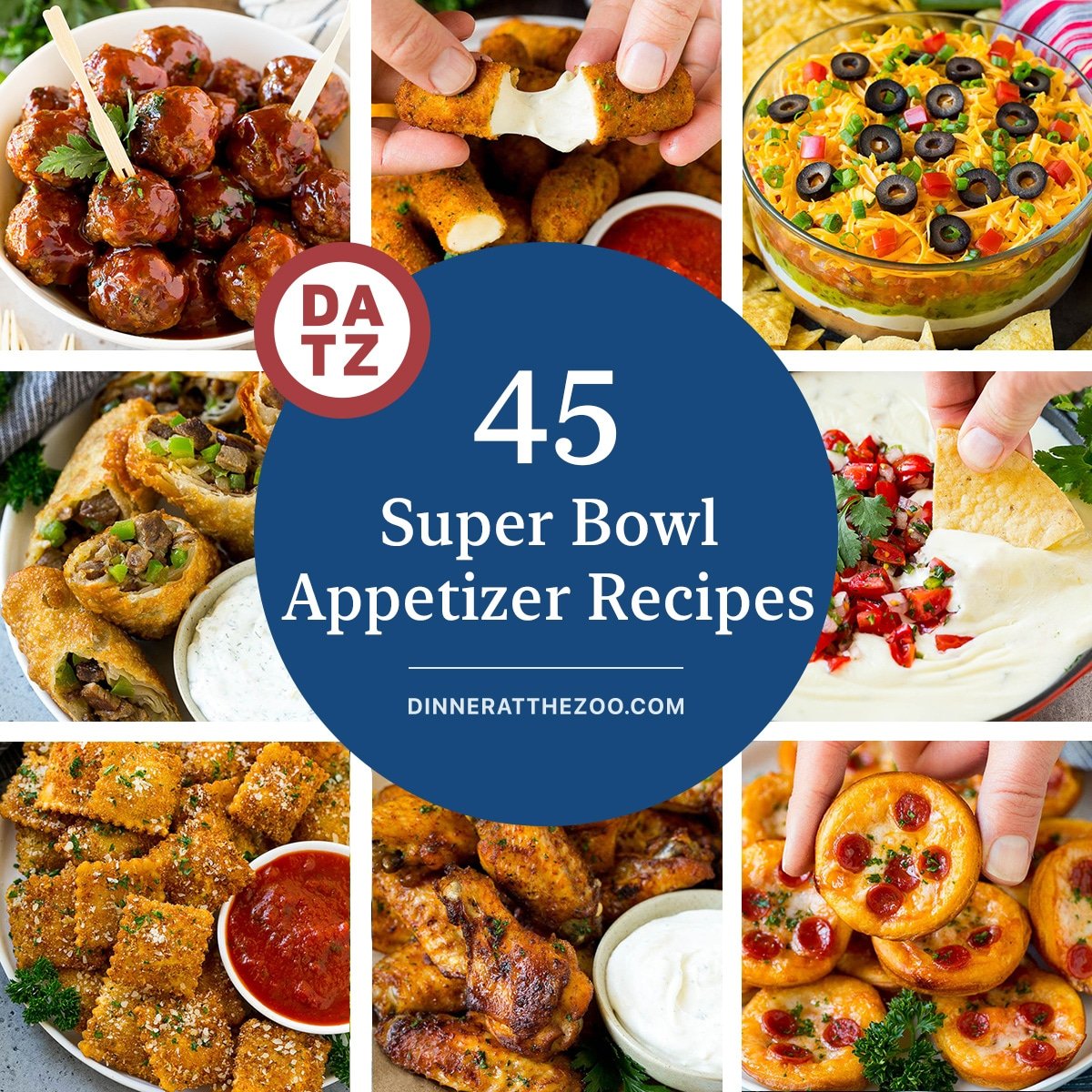 Several pictures of Super Bowl appetizer recipes including 7 layer dip, baked chicken wings and Philly cheesesteak egg rolls.
