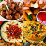 A group of Super Bowl appetizer recipes such as mini pizzas, fried ravioli and mozzarella sticks.