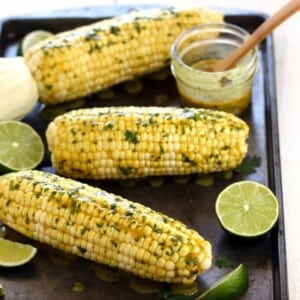 An image of toaster oven baked corn on the cob.