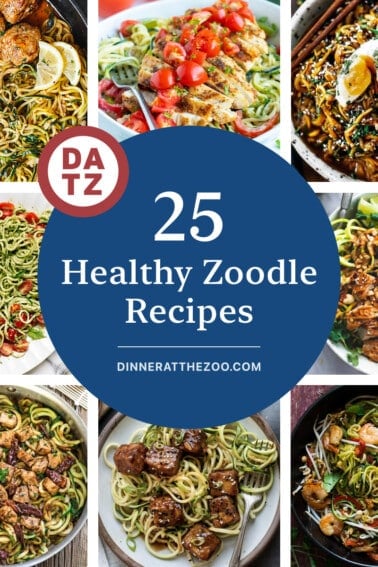 A group of healthy zoodle recipes such as Asian noodle bowls, crispy tofu zucchini noodles and kung pao chicken zoodles.