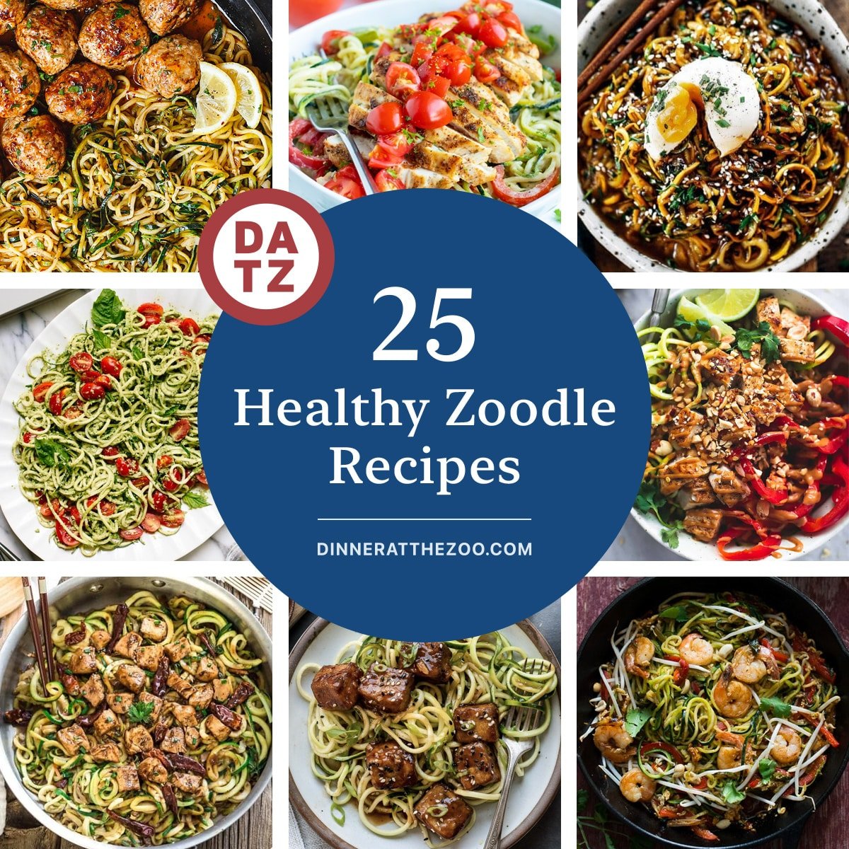 A group of healthy zoodle recipes such as Asian noodle bowls, crispy tofu zucchini noodles and kung pao chicken zoodles.