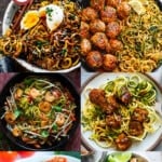 A collection of healthy zoodle recipes including garlic meatball zoodles, Thai peanut zucchini noodles and crispy tofu zoodles.