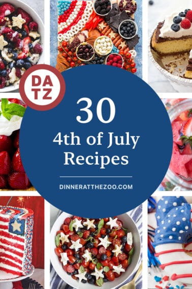 A collection of festive 4th of July recipes like fresh strawberry pie, American flag donuts, and a patriotic charcuterie board.