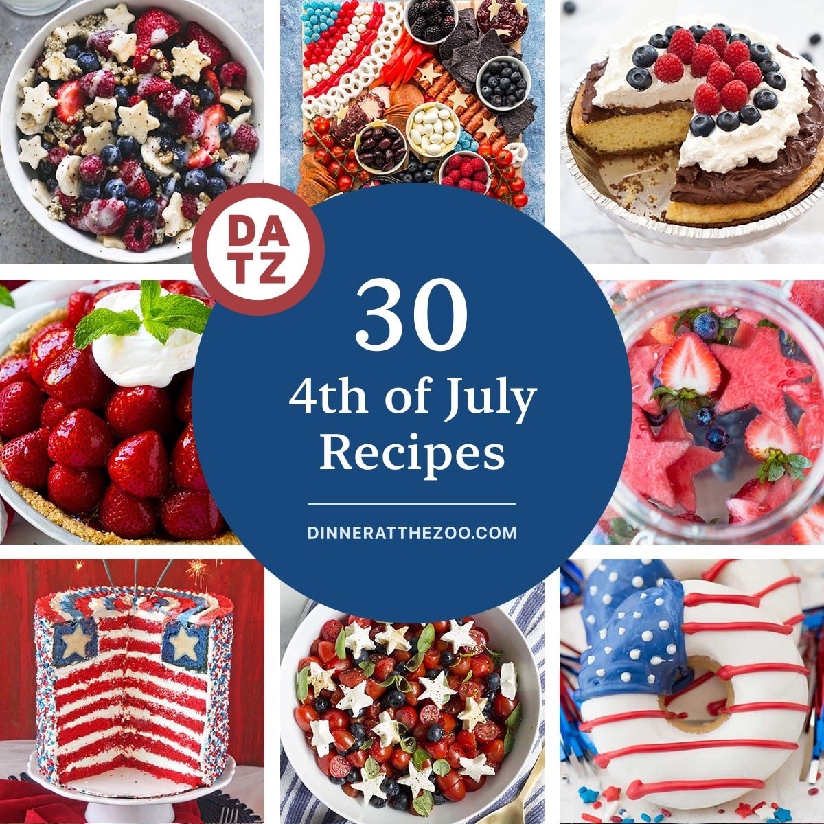 A collection of festive 4th of July recipes like fresh strawberry pie, American flag donuts, and a patriotic charcuterie board.