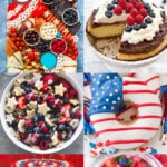 A group of festive 4th of July recipes like star spangled fruit infused water, American flag layer cake and fresh strawberry pie.