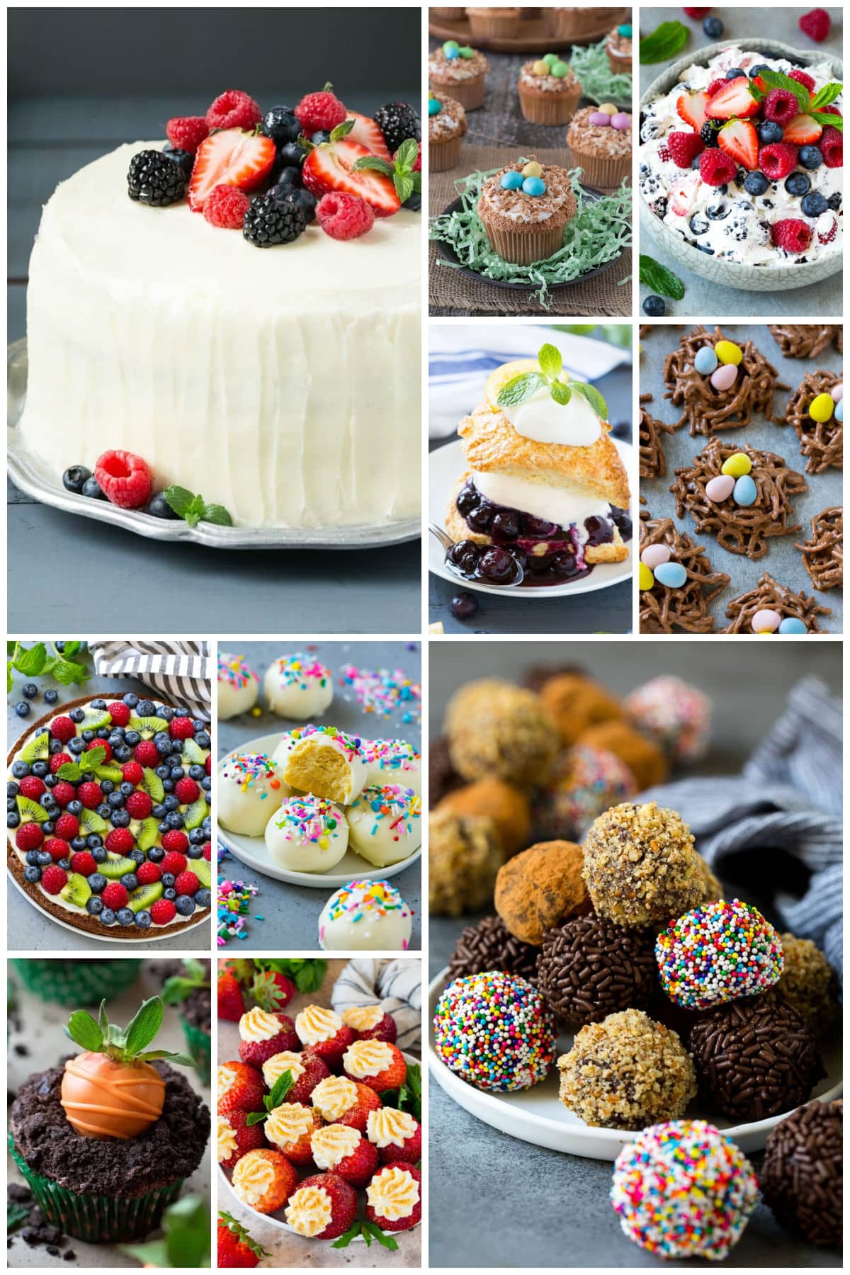 A collection of Easter dessert recipes such as chocolate truffles, cheesecake stuffed strawberries and berry Chantilly cake.