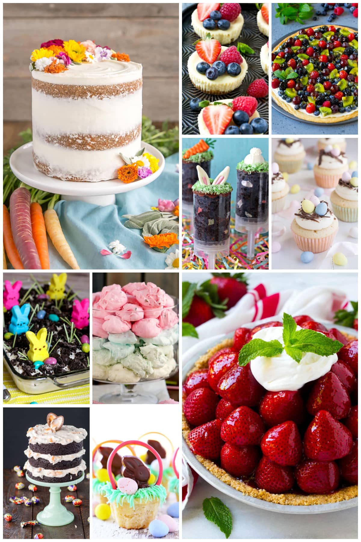 A group of spring sweets such as carrot cake, fruit pizza and fresh strawberry pie.