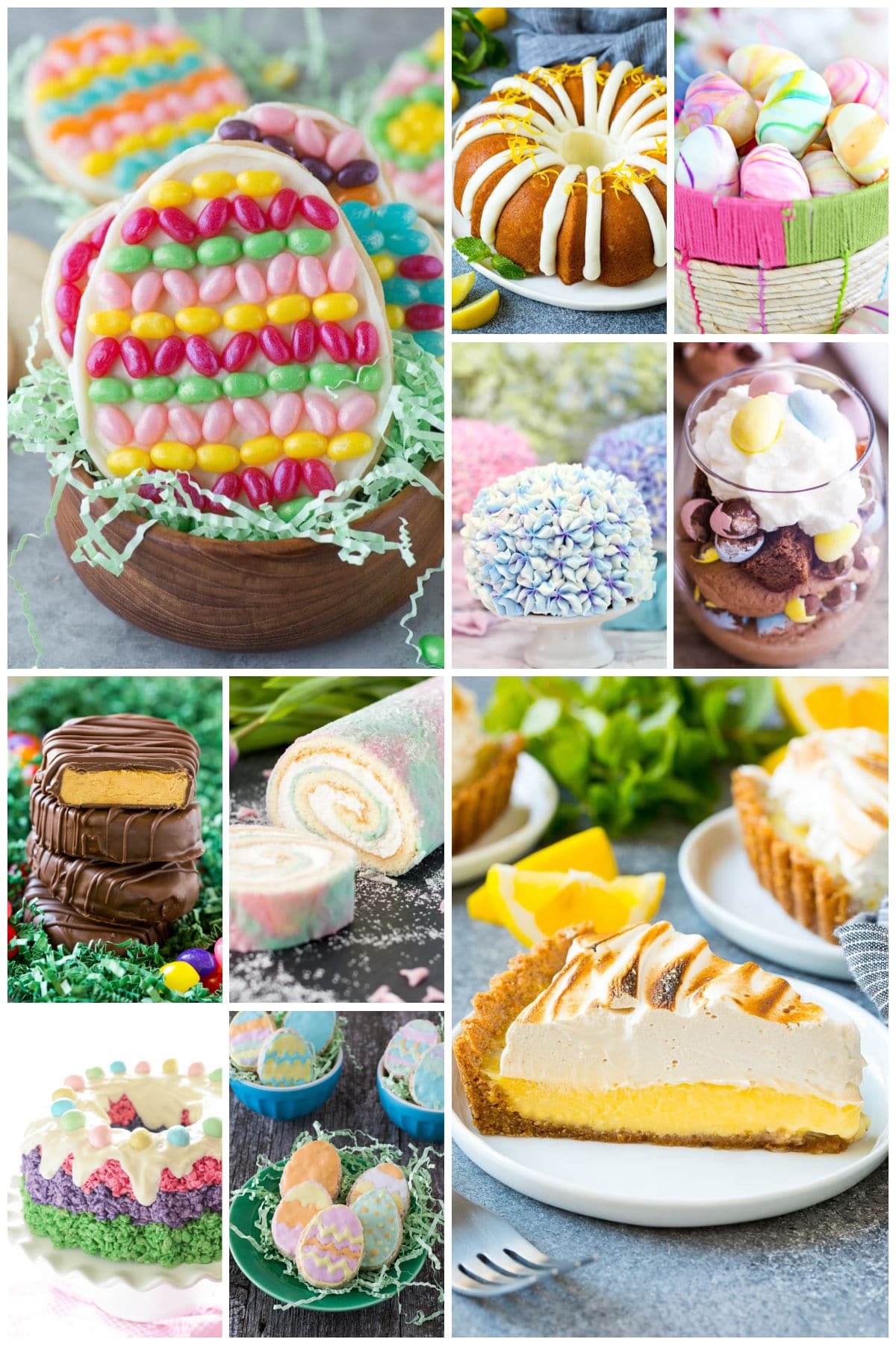 A collection of Easter treats including a lemon meringue tart, peanut butter eggs and a lemon Bundt cake.