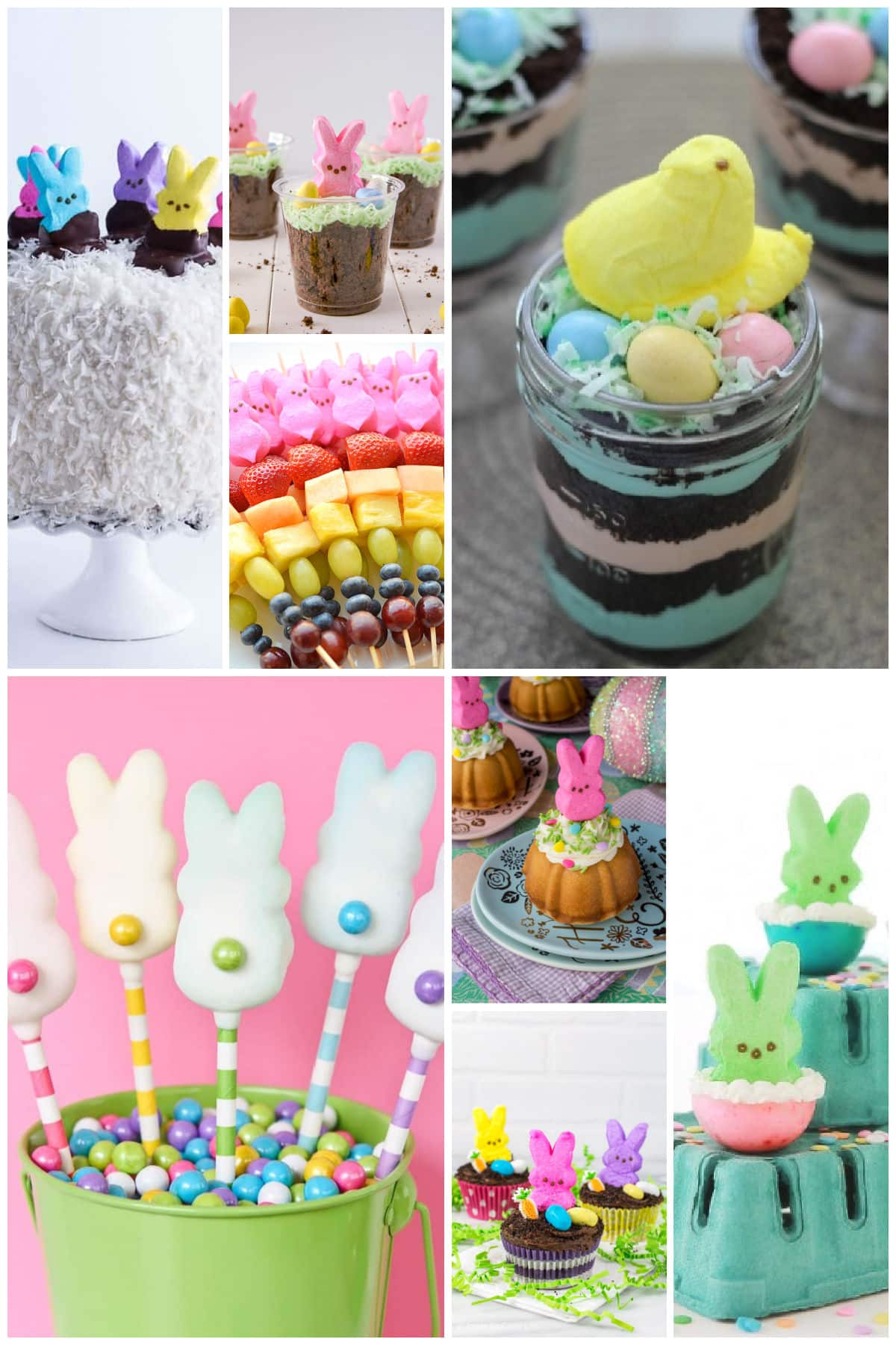 A group of irresistible Easter Peeps recipes including Easter Peeps fruit kabobs, Easter Peeps dirt pudding cups and Easter Peeps pops.