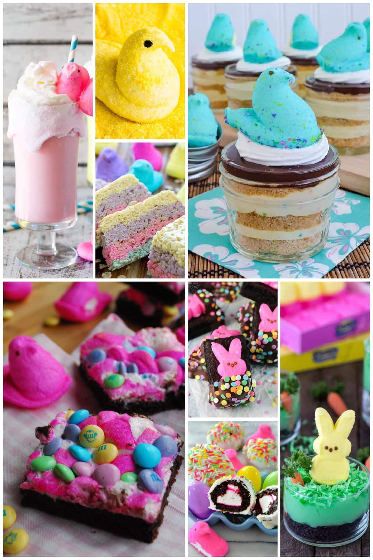 A group of irresistible Easter Peeps recipes like Peeps candy bars, Peeps milkshakes and Peeps bunny pudding cups.