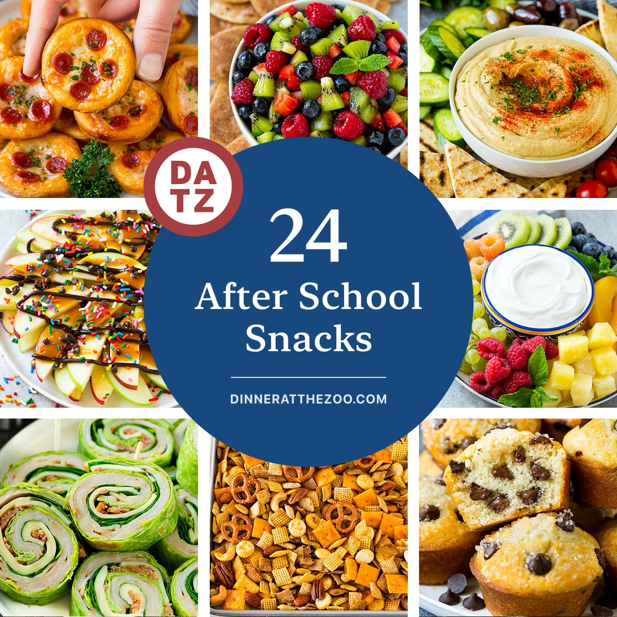 A group of delicious after school snacks like chocolate chip muffins and homemade hummus.