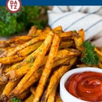 These air fryer french fries are potatoes cut into sticks and coated with oil and seasonings, then air fried to crispy brown perfection.