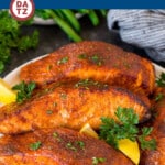 This air fryer salmon is fresh fish fillets topped with a homemade spice rub, then cooked to golden brown perfection.