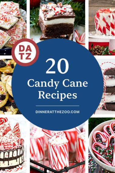 A group of candy cane recipes including candy cane hearts, peppermint cookies and peppermint bark.