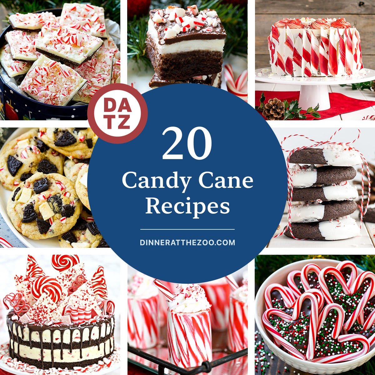 A group of candy cane recipes including candy cane hearts, peppermint cookies and peppermint bark.