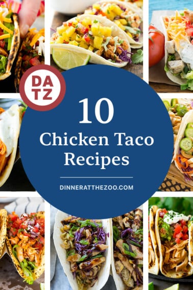 A collection of delicious chicken taco recipes including chicken ranch tacos, slow cooker chicken tacos and taco pinwheels.