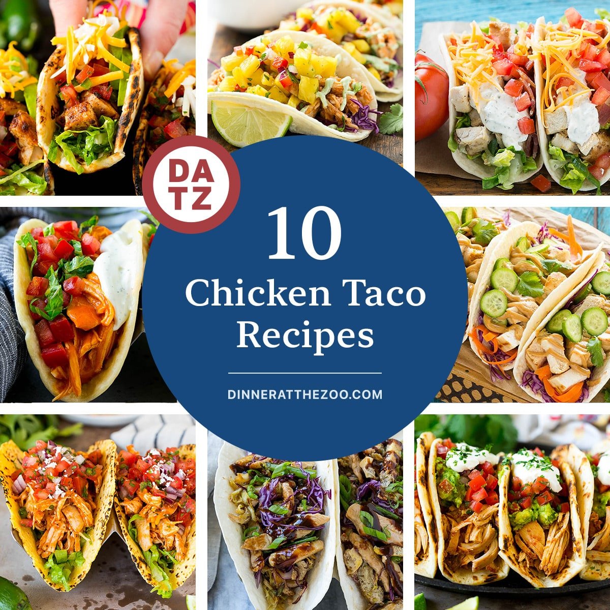 A collection of delicious chicken taco recipes including chicken ranch tacos, slow cooker chicken tacos and taco pinwheels.