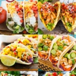 A group of delicious chicken taco recipes such as buffalo chicken tacos, moo shu chicken and chicken tinga.