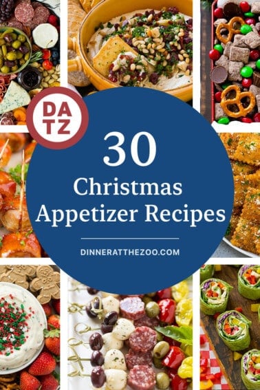 A collection of images of Christmas appetizer recipes such as veggie pinwheels, bacon wrapped water chestnuts and steak bites.