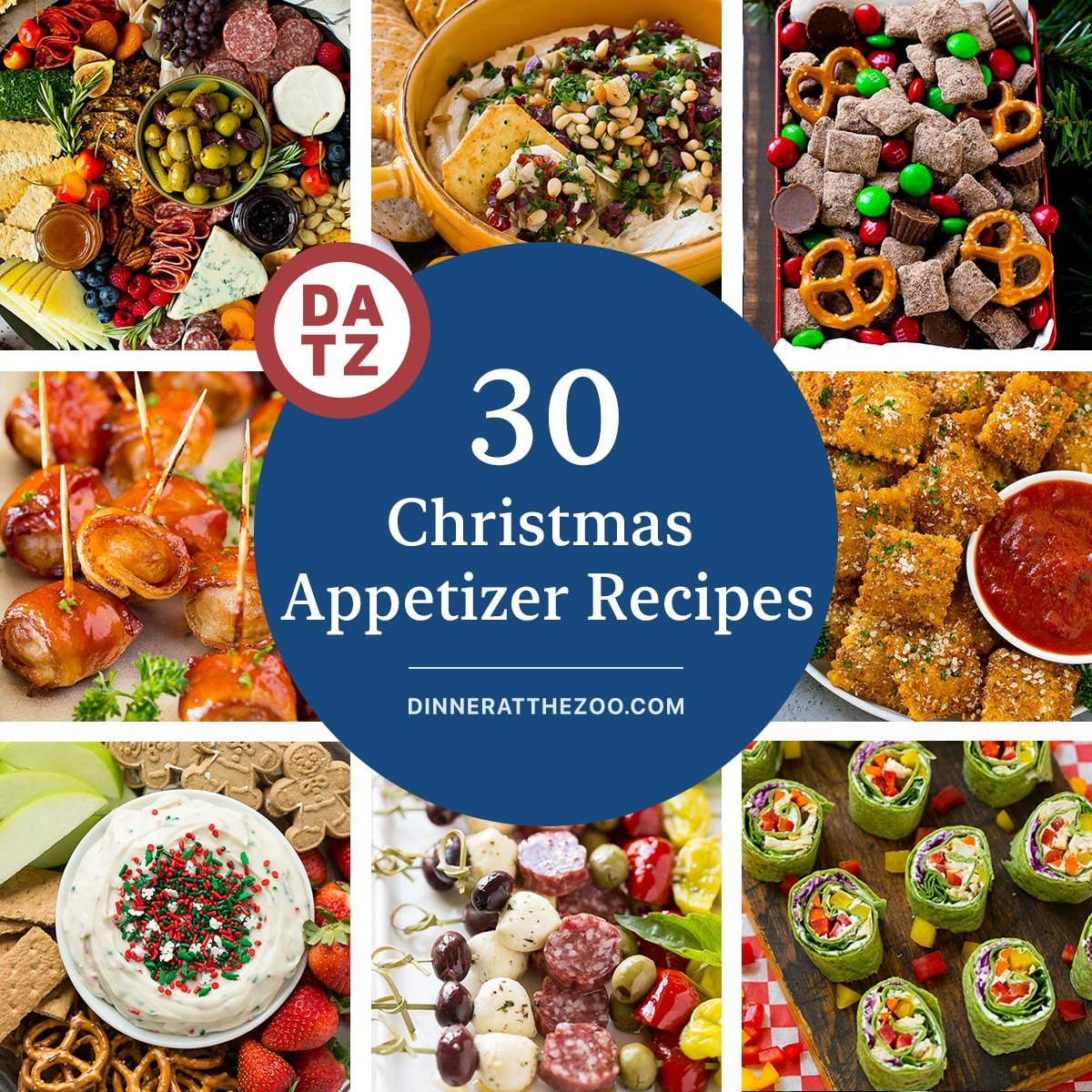 A collection of images of Christmas appetizer recipes such as veggie pinwheels, bacon wrapped water chestnuts and steak bites.