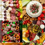 A group of Christmas appetizer recipes like reindeer chow, fried ravioli and Christmas cookie dough dip.