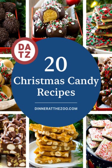 A group of Christmas candy recipes like rum balls, peppermint bark and rocky road fudge.