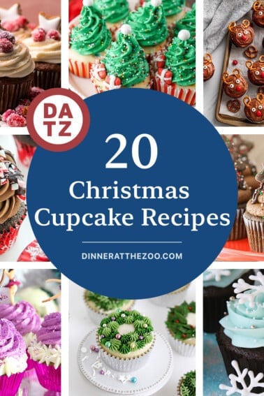 A group of images of Christmas cupcake recipes such as peppermint mocha chocolate cupcakes, Christmas tree cupcakes and gingerbread cupcakes.