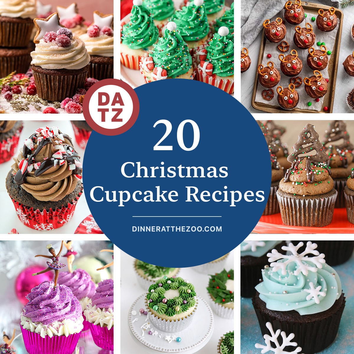 A group of images of Christmas cupcake recipes such as peppermint mocha chocolate cupcakes, Christmas tree cupcakes and gingerbread cupcakes.