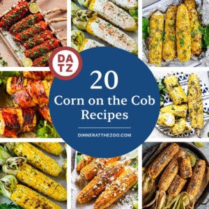 A group of images of delicious corn on the cob recipes such as Mexican street corn elote, bacon wrapped corn and grilled corn.