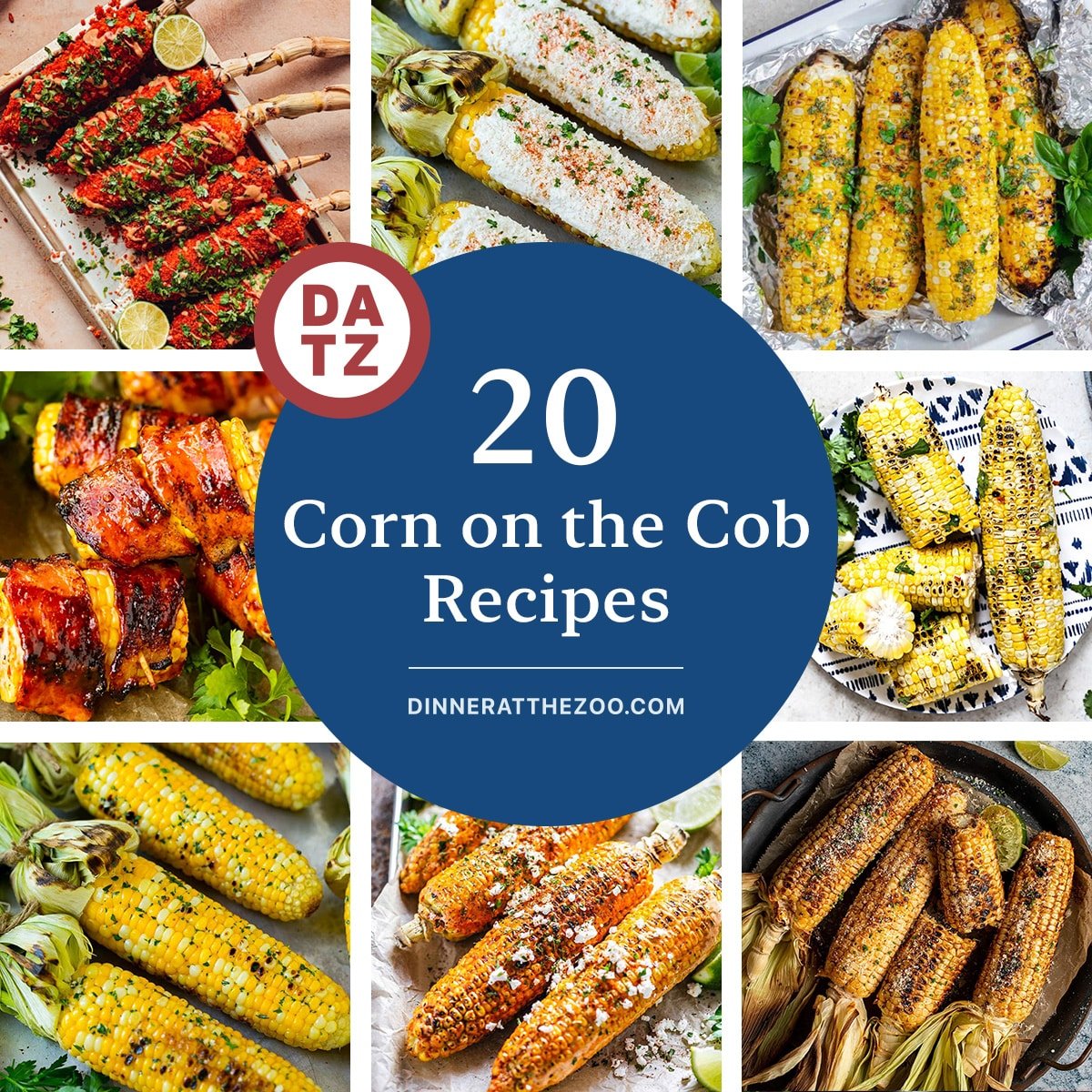 A group of images of delicious corn on the cob recipes such as Mexican street corn elote, bacon wrapped corn and grilled corn.