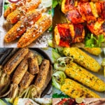 Several pictures of delicious corn on the cob recipes like grilled corn, Flaming Hot Cheetos elote and Cajun corn on the cob.