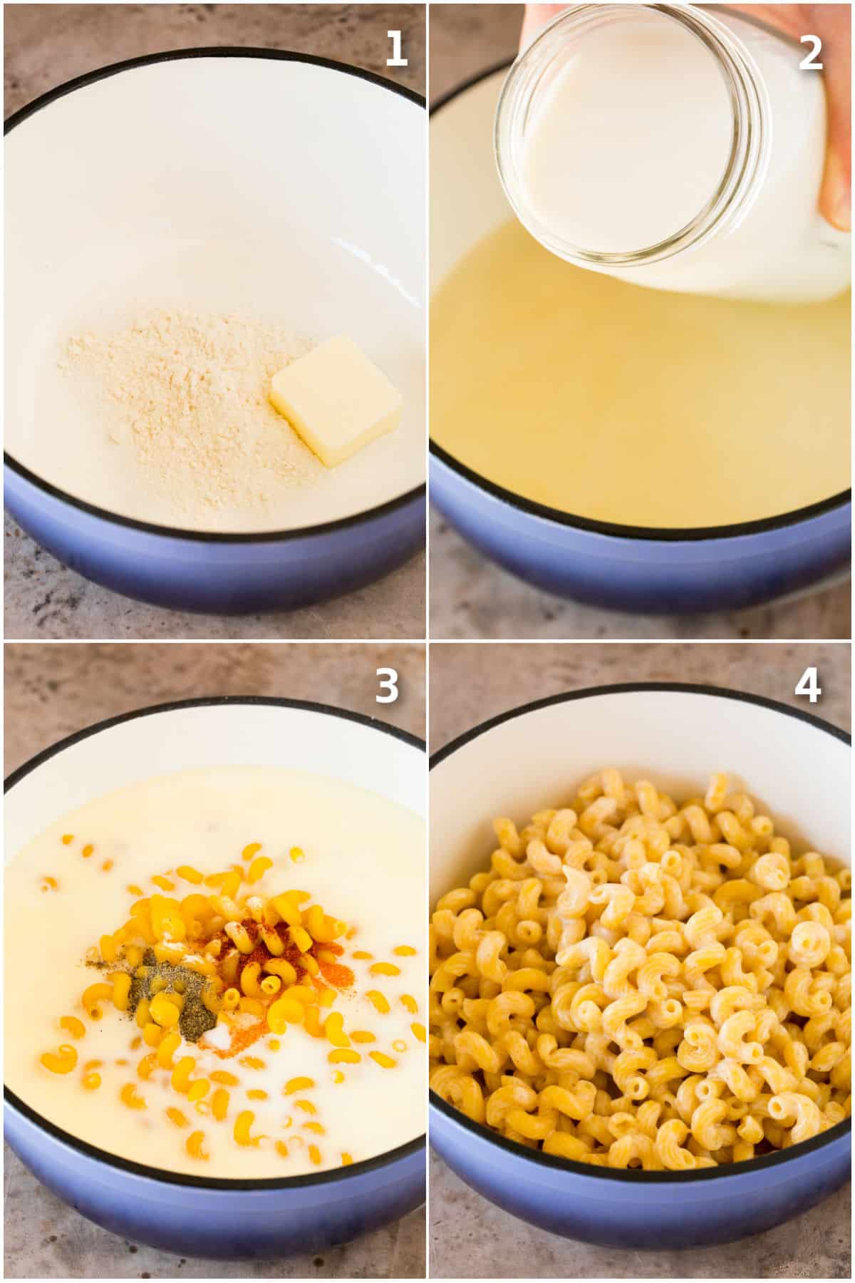 Process shots showing pasta cooking in a milk sauce.