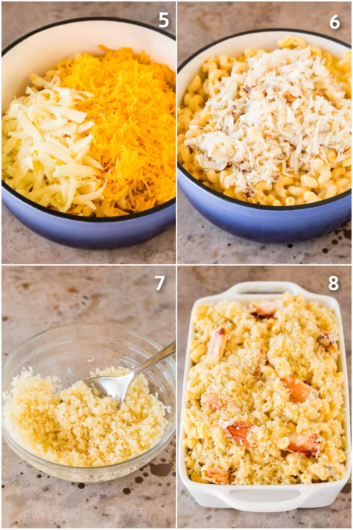 Step by step photos showing cheese and crab being added to cooked pasta.