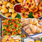 A collection of pictures of delicious crescent roll recipes such as apple cobbler, mini pizzas and an Italian sub crescent roll ring.