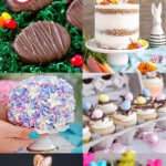 Several images of Easter dessert recipes including hydrangea cakes, carrot cake and Easter dirt cake.
