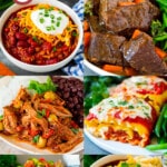 A collection of images of freezer meal recipes like cheese enchiladas, short ribs and beef chili.