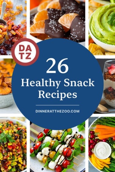 A group of healthy snack recipes like cowboy caviar and caprese skewers.