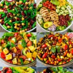 Several images of healthy salad recipes such as vegetable salad, pear salad and black bean salad.