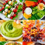 A group of healthy snack recipes including granola parfait and avocado dip.
