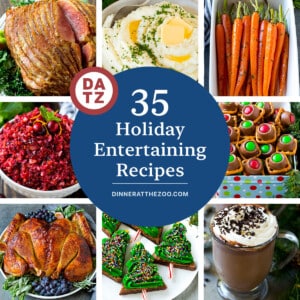 A group of images of holiday entertaining recipes like honey roasted carrots, slow cooker hot chocolate and cranberry relish.