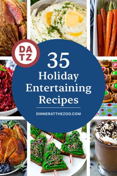 A group of images of holiday entertaining recipes like honey roasted carrots, slow cooker hot chocolate and cranberry relish.