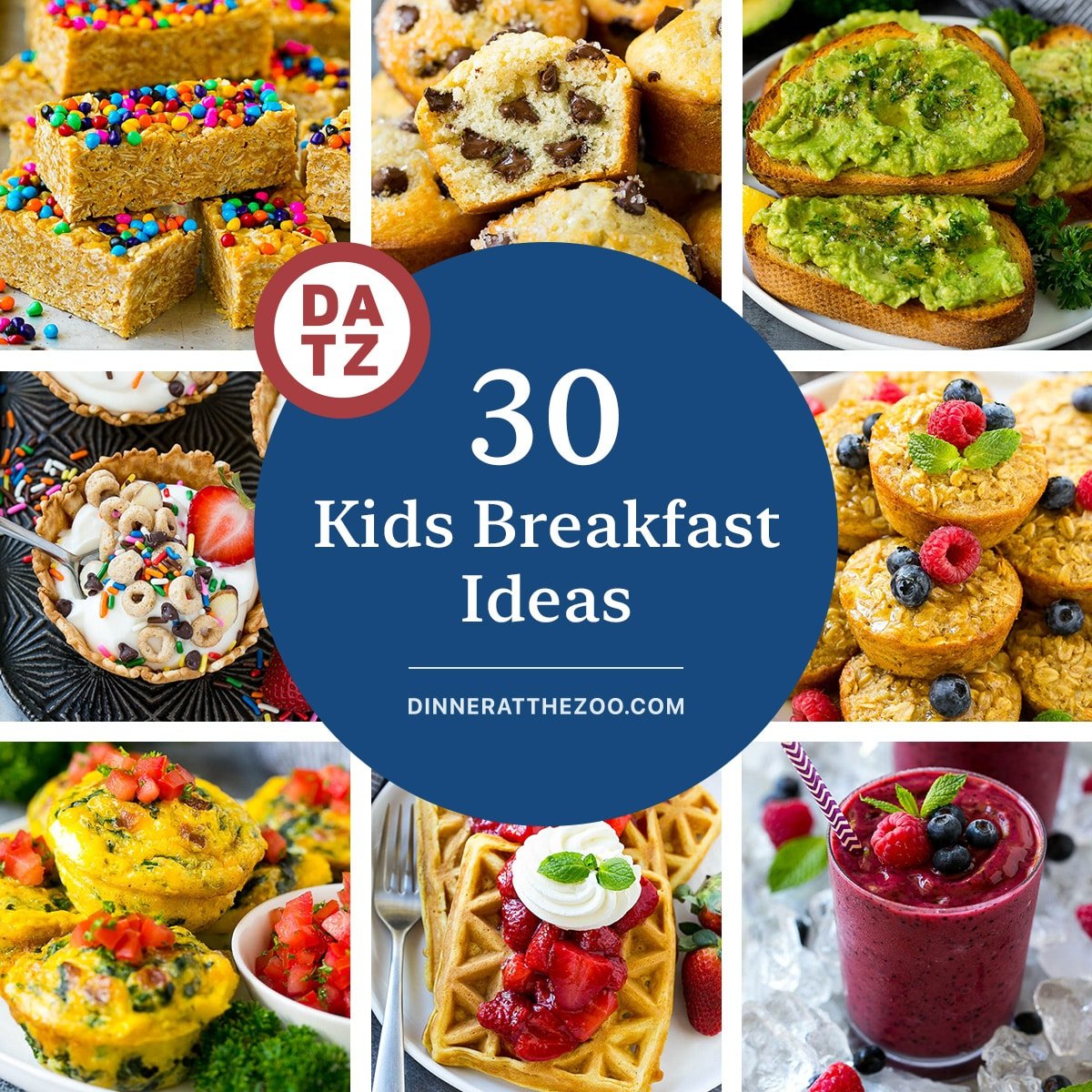 A group of images of kids breakfast ideas like baked oatmeal cups, avocado toast and strawberry waffles.