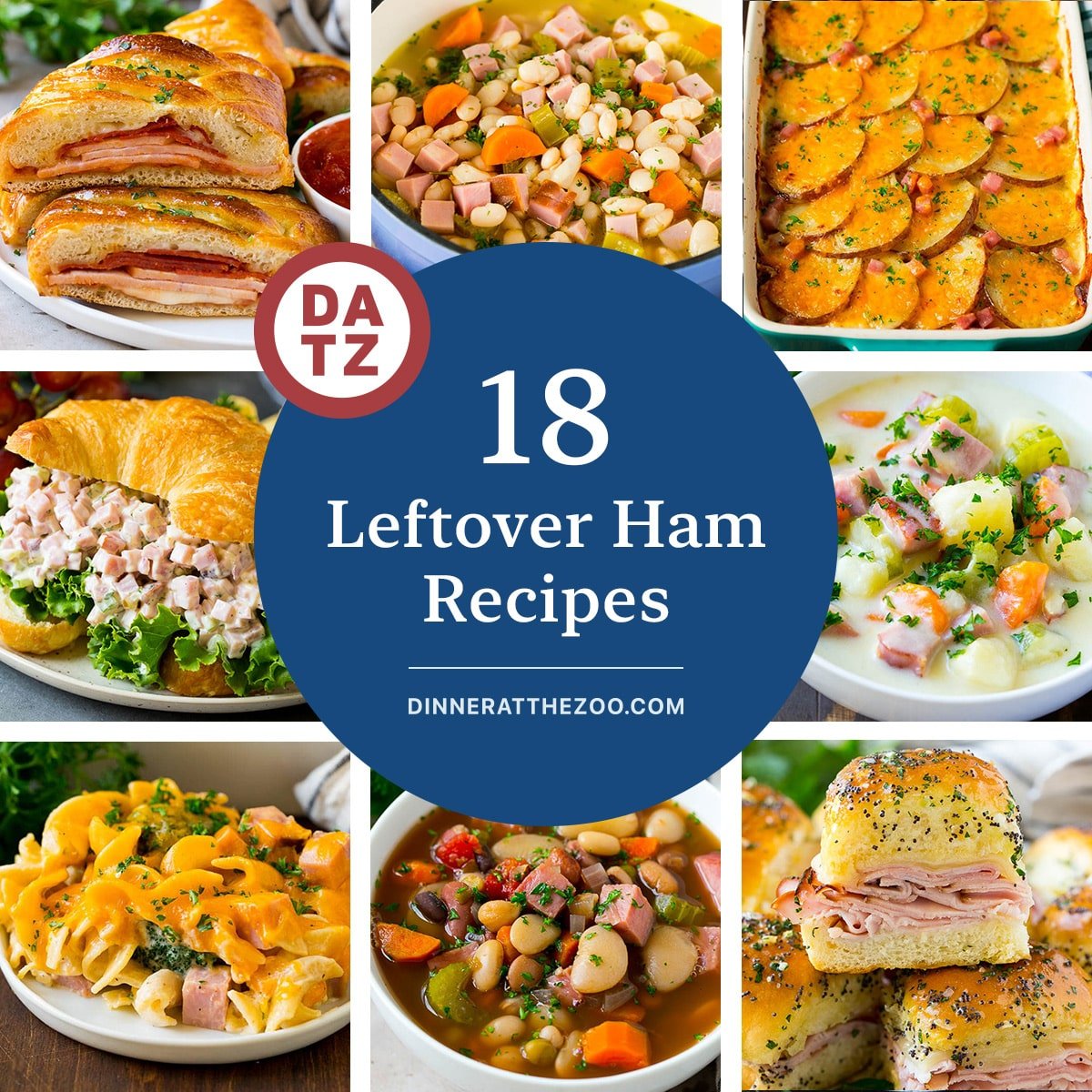 A group of leftover ham recipes such as scalloped potatoes and ham, ham salad and ham casserole.