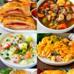 A group of leftover ham recipes such as scalloped potatoes and ham, ham salad and ham casserole.