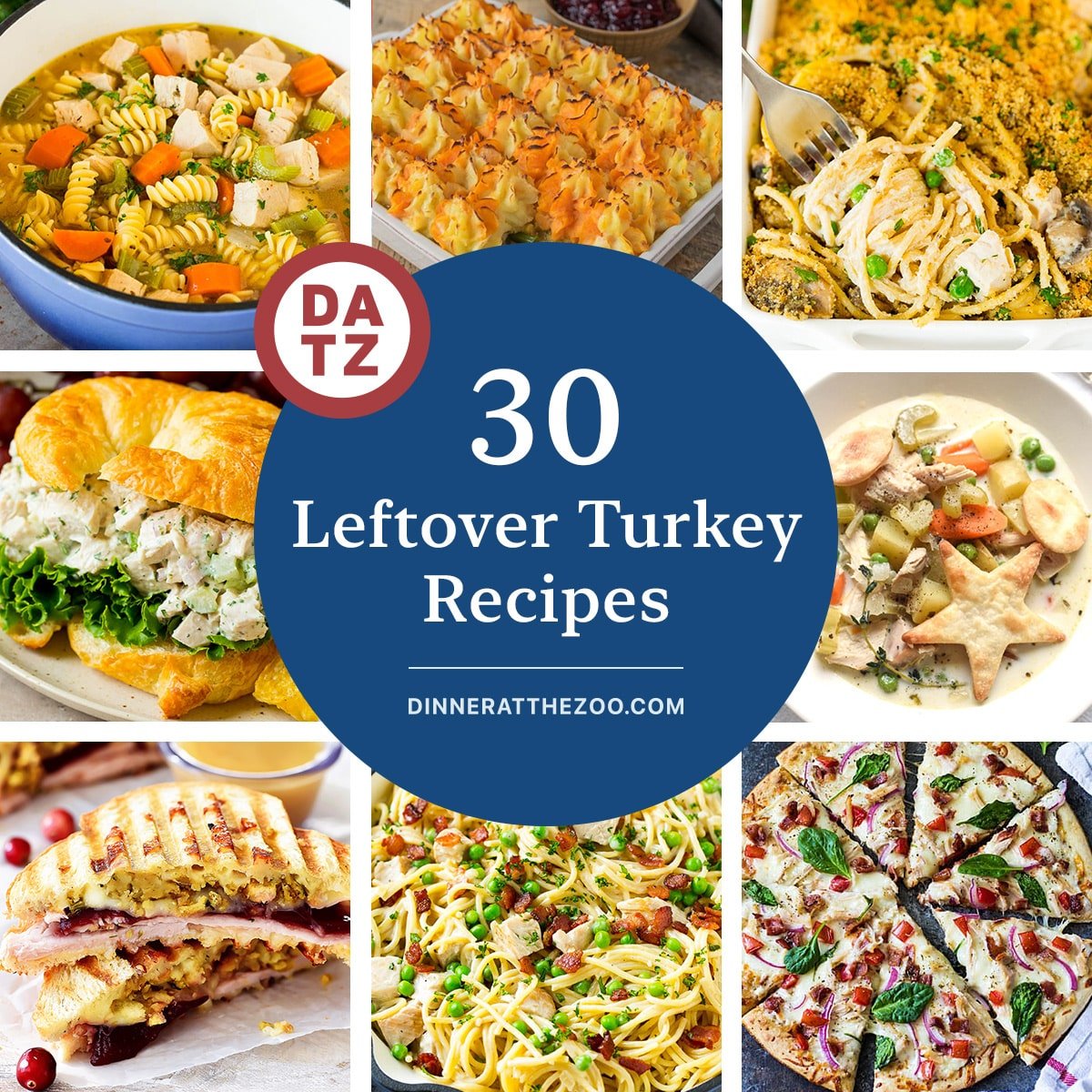 A collage of images of leftover turkey recipes like turkey salad, turkey noodle soup and turkey bacon ranch pizza.