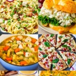 A collection of leftover turkey recipes including turkey shepherd's pie, turkey tetrazzini and turkey noodle soup.